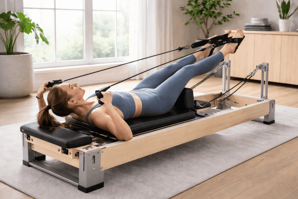 Woman doing Pilates reformer