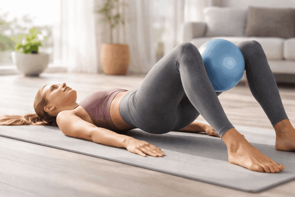 Woman doing Pilates with a ball