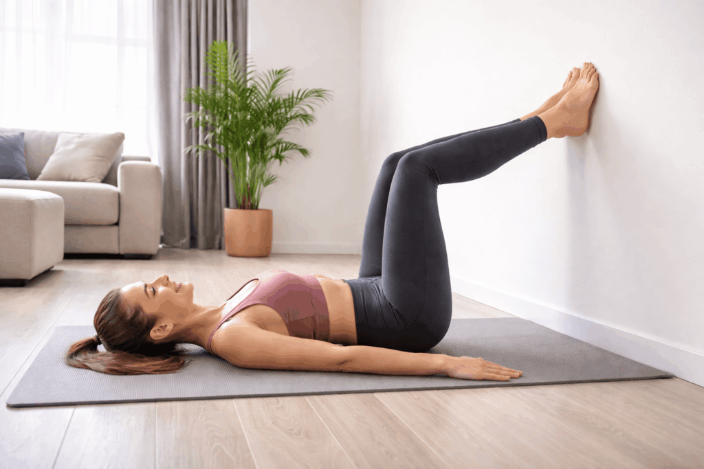 Woman practicing Pilates against a wall